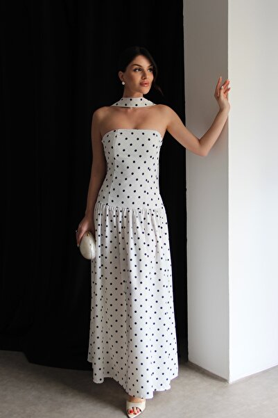 Julidress Φόρεμα με στράπλες λαιμόκοψη, μακρύ μήκος, πουά σχέδιο και λεπτομέρ...