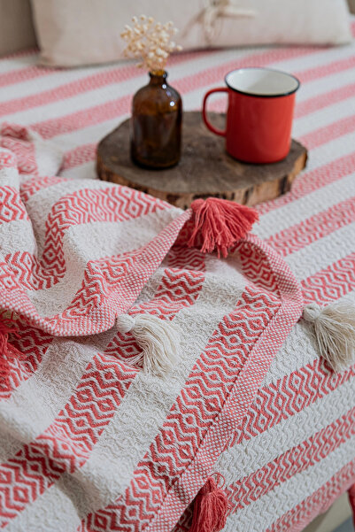 Lux Touch 115 x 200 cm Liva Pompom Coral Κάλυμμα καναπέ - Φουντωτό σάλι Καναπ...