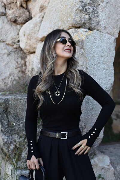 bytugcekaya Siyah Standart Beden Kolu Droplu Kazak