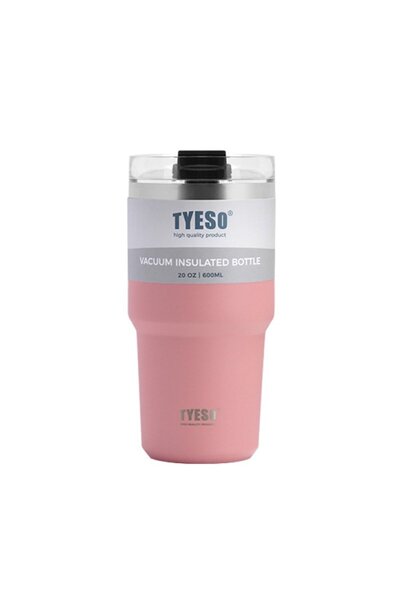 Tyeso ترمس تريبل تاسك مفرغ من الفولاذ المقاوم للصدأ مع شفاطة 600 مل لون وردي
