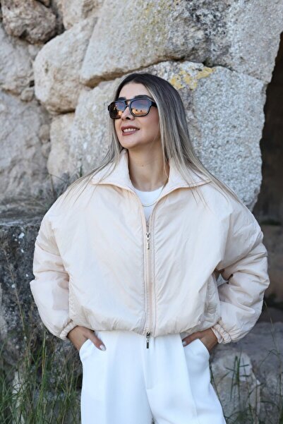 bytugcekaya Μπεζ Λεπτό Κοντό Παλτό Στάνταρ Μέγεθος