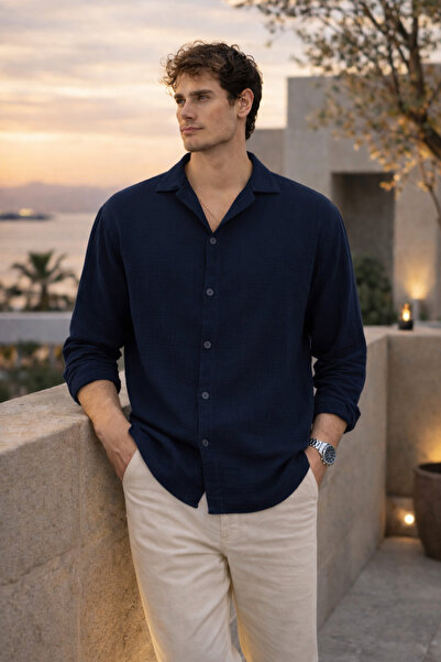 Valiberta Apaş Collar Oversize Muslin Fabric Shirt - Navy Blue