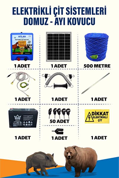 ATLAS ÜRÜNLERİ 500mt 1-5 Dönüm 12V Akü ve 25W Güneş Panelli Elektrikli Çit Si...