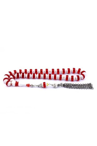 Midyat Gümüş Dünyası Red White Globe Cut Powder Amber Prayer Beads
