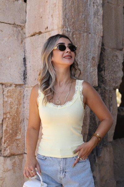 bytugcekaya Yellow Lace Detail Tank Top
