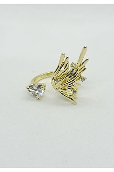 ndjewelry خاتم ذهبي بتفاصيل حجرية على شكل جناح ملاك