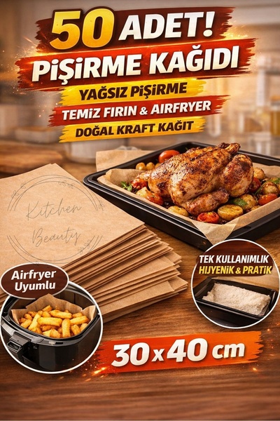 Kitchen Beauty 50 Adet Fırınlanabilir Kendinden Yağlı Pişirme Kağıdı Tek Kullanımlık Fırın Kağıdı Airfryer Kağıdı