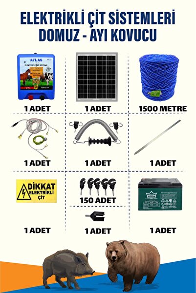 ATLAS ÜRÜNLERİ 1500mt 15-25 Dönüm Domuz Kovucu Elektrikli Çit Sistemi 14A Akü...