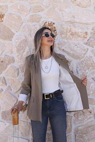 bytugcekaya Χακί λινό μπλέιζερ με ριγέ επένδυση