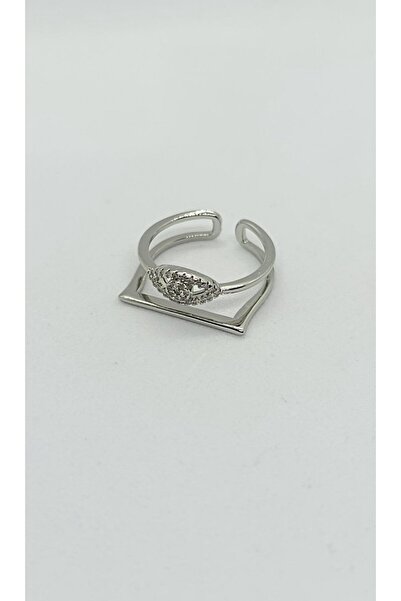 ndjewelry خاتم هندسي فضي اللون – خاتم هندسي قابل للتعديل مرصع بالأحجار الكريم...