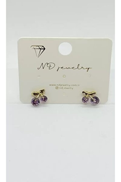 ndjewelry أقراط ذهبية صغيرة بتفاصيل الكرز الأرجواني