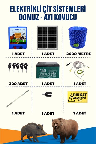 2000mt 25-100 Dönüm Domuz Kovucu Elektrikli Çit Sistemi 14A Akü ve 25W Güneş Panelli