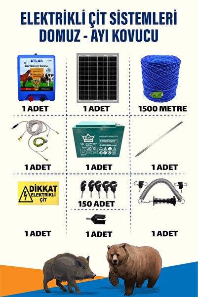 ATLAS ÜRÜNLERİ 1500mt 15-25 Dönüm Domuz Kovucu Elektrikli Çit Sistemi Kapı Ya...