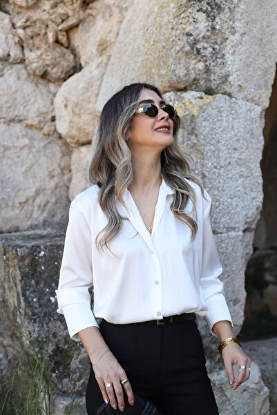 bytugcekaya Λευκό μακρυμάνικο σατέν πουκάμισο