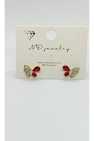 ndjewelry أقراط صغيرة ذهبية على شكل فراشة حمراء مرصّع بالأحجار