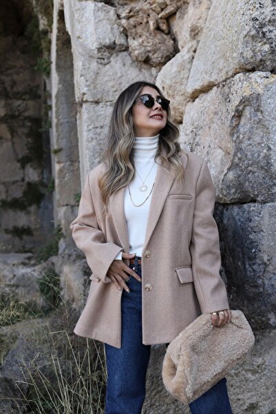 bytugcekaya Camel Standart Beden Balık Sırtı Oversize Ceket