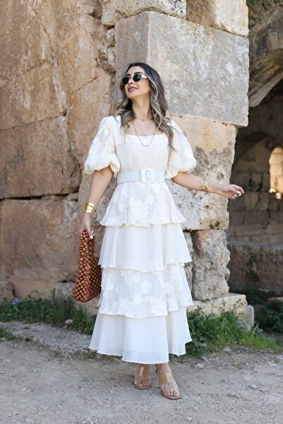 bytugcekaya Μπεζ μπαλόνι μανίκια με ζώνη φόρεμα