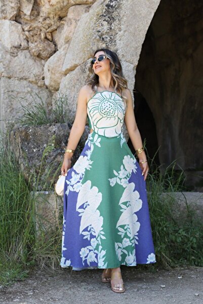 bytugcekaya Φόρεμα με πράσινο λαιμό και λινό χαμηλό πίσω μέρος