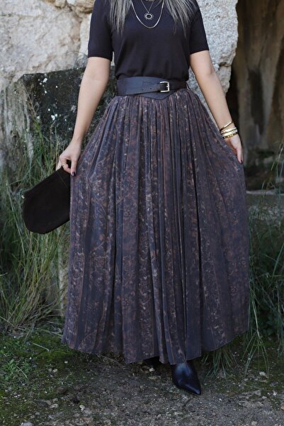 bytugcekaya Καφέ Φούστα με Ζώνη και Πριμιούμ Σχέδιο