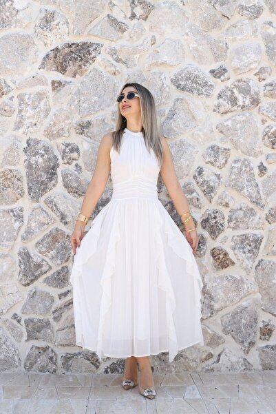 bytugcekaya Λευκό φόρεμα σιφόν με βολάν και σούρες στο μπροστινό μέρος