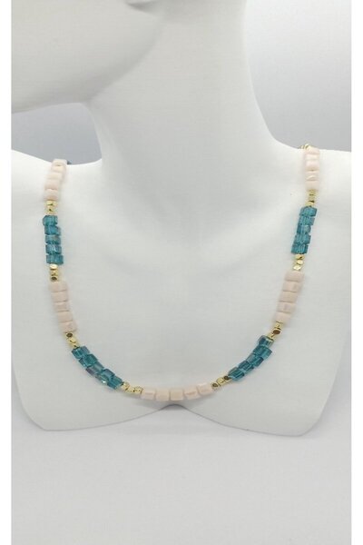 ndjewelry قلادة من الخرز باللون الأزرق المنك مع تفاصيل ذهبية