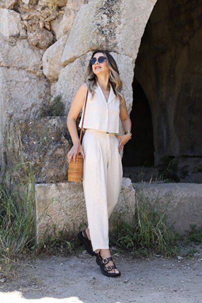 bytugcekaya Σετ λινό καρότο μπεζ γιλέκο