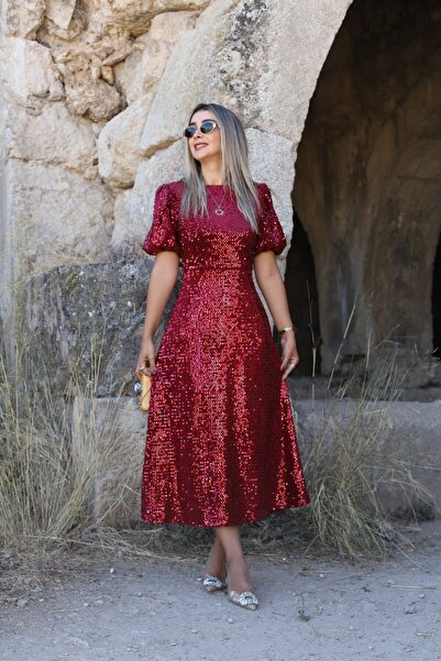 bytugcekaya Φόρεμα με μανίκια μπαλόνι με παγιέτες σε μπορντό χρώμα