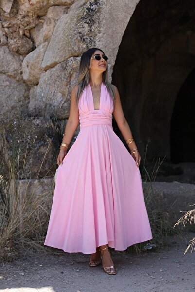 bytugcekaya Ροζ λινό φόρεμα με λεπτομέρεια στην πλάτη
