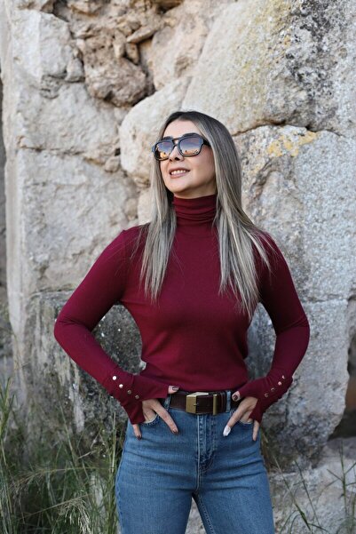 bytugcekaya Бургунди пуловер с рибарска яка, стандартна кройка и спуснати рамене