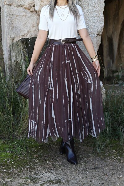 bytugcekaya Καφέ φούστα σιφόν με λεπτομέρεια σε σχήμα ζώνης