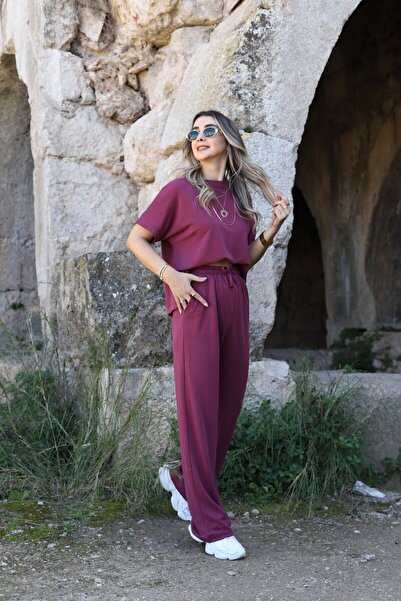bytugcekaya Σετ Παντελόνι και Μπλουζάκι από Ύφασμα Modal σε Βουργουνδί