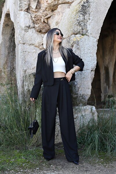 bytugcekaya Μαύρο Παντελόνι με Λεπτομέρεια, Σετ Μπουφάν Premium