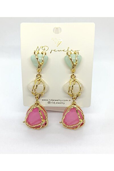ndjewelry Pink Color Stone and Gold Plated Earrings (8 cm)