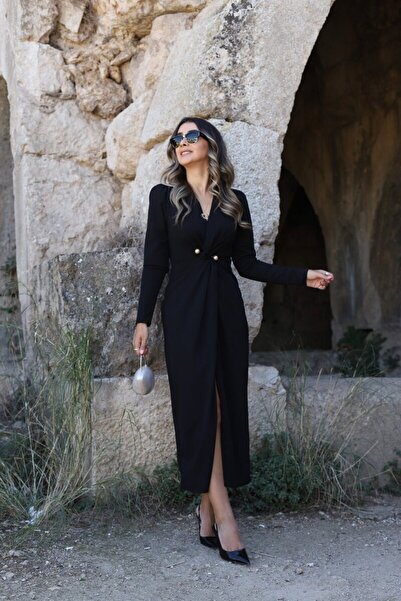 bytugcekaya Μαύρο φόρεμα με διπλό στήθος με πέρλες