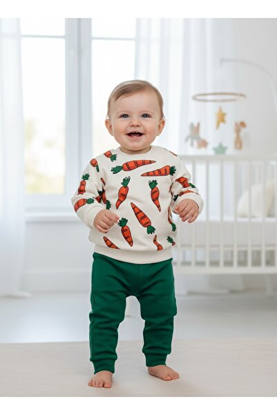 Mou&Kou Carrot Patterned Baby Set 100% Cotton Sweatshirt Sweatpants 6-9-12-18...