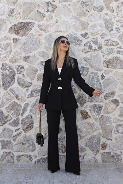 bytugcekaya Μαύρο Πιλέτο με Λεπτομέρεια Πιέτες και Διπλά Κουμπιά