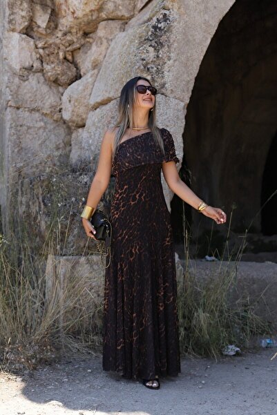 bytugcekaya Μαύρο φόρεμα με μοτίβο λεοπάρ με έναν ώμο Maxi Tulle