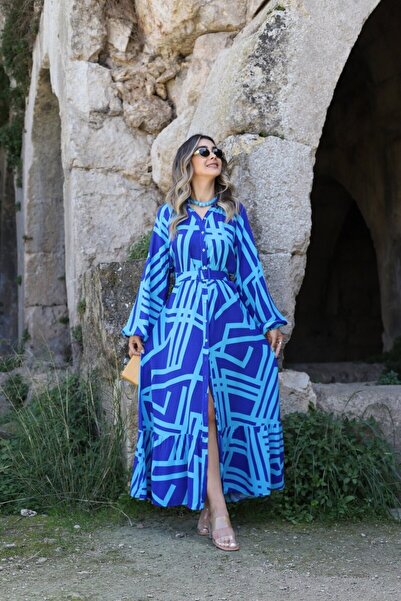 bytugcekaya Μωβ μπλε μοτίβο φόρεμα με ζώνη