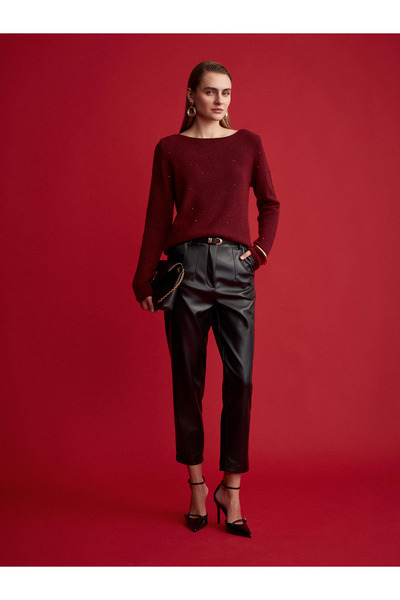 Dilvin 72226 Παντελόνι από συνθετικό δέρμα με ζώνη ψηλόμεσο-Μαύρο