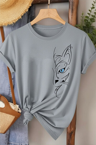 l'eivor Tricou din bumbac pentru femei cu design minimalist cu pisica cu ochi...