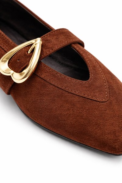 Noliva Women's Brown Suede Heart Buckled Ballet Flats Casual Stylish Mary Janes Ballet Flats
