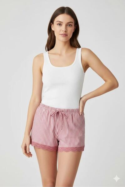 Mestore Striped Combed Cotton Women's Home Shorts Leg Lace Detailed Home Wear...