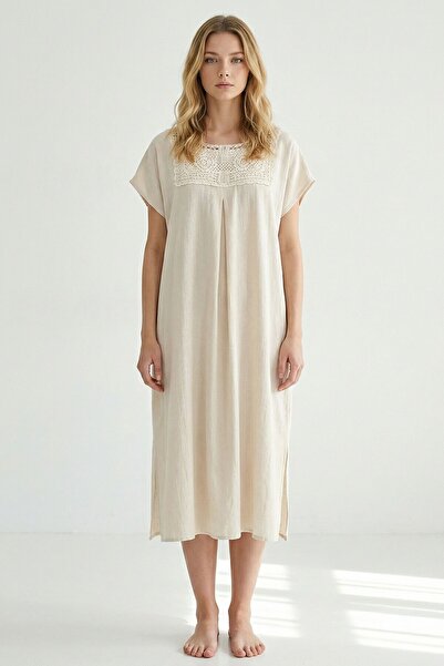 bacc Λινό φόρεμα Alaçatı με δαντέλα και λεπτομέρεια στο μανίκι