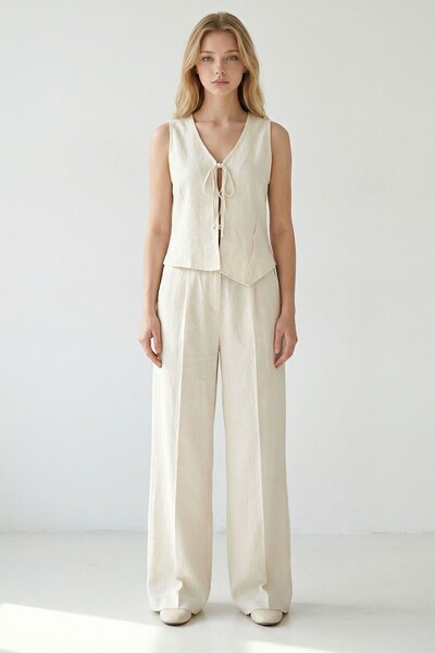 bacc Σετ από λινό ύφασμα Alaçatı με δέσιμο από κλωστή και λεπτομέρεια με κουμ...