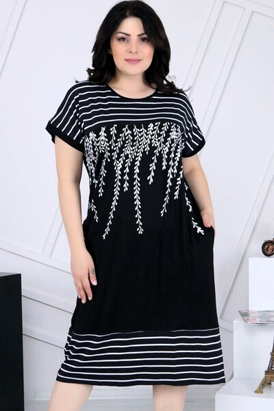 Kheos Μπλοκ με μοτίβο με κλαδιά ελιάς - Άνετο κοντομάνικο φόρεμα με στρογγυλή...