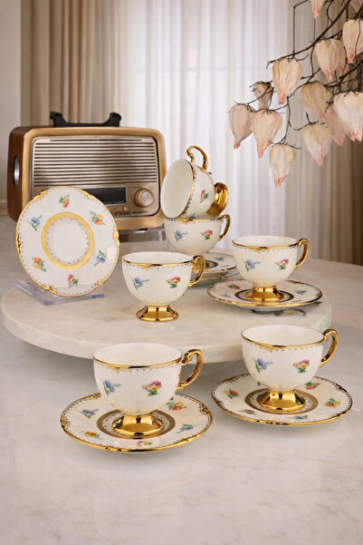Ogeda Home, Mien Mona 6 Kişilik Porselen Kahve Fincan Takımı – Gold Detaylı F...
