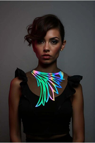 Rainbow Reflektörlü Büyük Kuş Kanadı Choker Kolye, Tarz Lazer Kesim Kolye