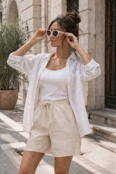 Myzen Kadın Gabardin Beli Lastikli Bağcıklı Paçası Püsküllü Şehir Boy Şort