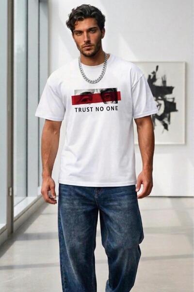 NO 601 Tricou oversize cu imprimeu Trust No One alb pentru bărbați
