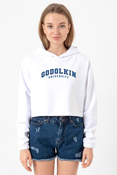 Tshirthane Hanorac crop pentru femei Gen V Godolkin University Letter White O...